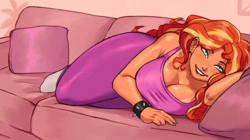 Size: 2560x1440 | Tagged: safe, artist:nire, derpibooru import, sunset shimmer, human, equestria girls, bare shoulders, blushing, bracelet, breasts, busty sunset shimmer, cleavage, clothes, couch, curvy, ear piercing, freckles, image, jpeg, leggings, looking at you, lying down, nail polish, peppered bacon, piercing, pillow, smiling, smiling at you, socks, solo, spiked wristband, tan lines, tan skin, tanktop, thighs, thunder thighs, wide hips, wristband