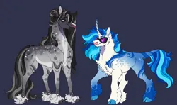 Size: 4476x2657 | Tagged: safe, artist:glorymoon, derpibooru import, octavia melody, vinyl scratch, earth pony, pony, unicorn, alternate design, blaze (coat marking), chest fluff, cloven hooves, coat markings, curved horn, dappled, duo, duo female, facial markings, fangs, female, fluffy, horn, image, jpeg, leonine tail, lesbian, looking at each other, looking at someone, mare, neck fluff, scratchtavia, shipping, simple background, smiling, smiling at each other, tail, twitterina design, unshorn fetlocks, vinyl's glasses