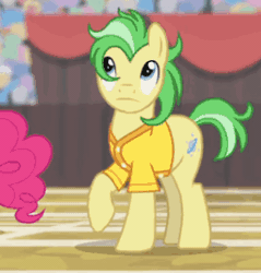 Size: 260x272 | Tagged: safe, derpibooru import, screencap, pinkie pie, earth pony, pony, common ground, animated, clothes, cropped, facehoof, female, gif, image, las pegasus resident, male, mare, saturn (g4), shirt, solo focus, stallion