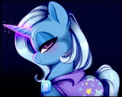 Size: 839x671 | Tagged: safe, artist:esmeia, derpibooru import, trixie, pony, unicorn, cape, clothes, female, glow, glowing horn, horn, image, lidded eyes, mare, png, smiling, solo, trixie's cape