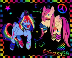 Size: 2048x1666 | Tagged: safe, artist:emoboy130, derpibooru import, fluttershy, rainbow dash, pegasus, pony, :3, bandage, bandaid, choker, clothes, collar, cyan eyes, duo, eyestrain warning, hairpin, image, leg warmers, looking at you, magenta eyes, open mouth, peace sign, png, rainbow colors, scene, smiling, spiked choker, stars