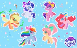 Size: 2048x1278 | Tagged: safe, artist:petaltwinkle, derpibooru import, applejack, fluttershy, pinkie pie, rainbow dash, rarity, twilight sparkle, earth pony, pegasus, pony, unicorn, alternate hairstyle, blue background, blushing, bow, cute, female, filly, filly applejack, filly fluttershy, filly mane six, filly pinkie pie, filly rainbow dash, filly rarity, filly twilight sparkle, hair bow, hair bun, image, jpeg, lightning, looking at you, mane six, my little pony logo, open mouth, open smile, outline, pigtails, ponytail, rearing, short hair, signature, simple background, smiling, smiling at you, sparkles, tail, tail bow, twintails, watermark, white outline, wingding eyes, younger