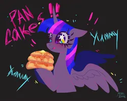 Size: 2048x1620 | Tagged: safe, artist:petaltwinkle, derpibooru import, twilight sparkle, twilight sparkle (alicorn), alicorn, pony, black background, blushing, cute, exclamation point, female, floppy ears, food, hoof hold, i'm pancake, image, jpeg, licking, licking lips, mare, pancakes, simple background, solo, spread wings, starry eyes, tongue out, twiabetes, wingding eyes, wings