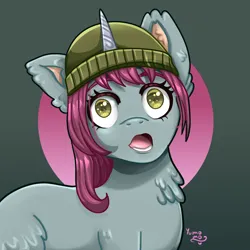 Size: 2500x2500 | Tagged: safe, artist:yumomochan, derpibooru import, pony, unicorn, g5, my little pony: a new generation, beanie, beanie hat, female, hat, image, mare, mint grove, o mouth, open mouth, png, solo, wide eyes