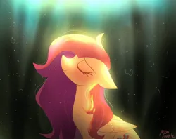 Size: 1024x810 | Tagged: safe, artist:petaltwinkle, derpibooru import, fluttershy, pegasus, pony, blushing, eyes closed, female, floppy ears, image, jpeg, light, looking up, mare, profile, smiling, solo