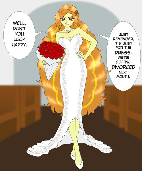 Size: 1707x2048 | Tagged: safe, artist:rileyav, derpibooru import, adagio dazzle, human, equestria girls, bare shoulders, bouquet, breasts, busty adagio dazzle, cleavage, clothes, commission, dialogue, dress, ear piercing, earring, female, flower, gold digger, grin, hand on hip, image, jewelry, jpeg, long hair, necklace, piercing, rose, smiling, solo, speech bubble, talking to viewer, wedding dress