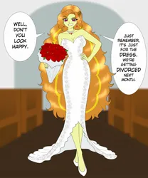 Size: 1707x2048 | Tagged: safe, artist:rileyav, derpibooru import, adagio dazzle, human, equestria girls, bare shoulders, bouquet, breasts, busty adagio dazzle, cleavage, clothes, commission, dialogue, dress, ear piercing, earring, female, flower, gold digger, grin, hand on hip, image, jewelry, jpeg, long hair, necklace, piercing, rose, smiling, solo, speech bubble, talking to viewer, wedding dress