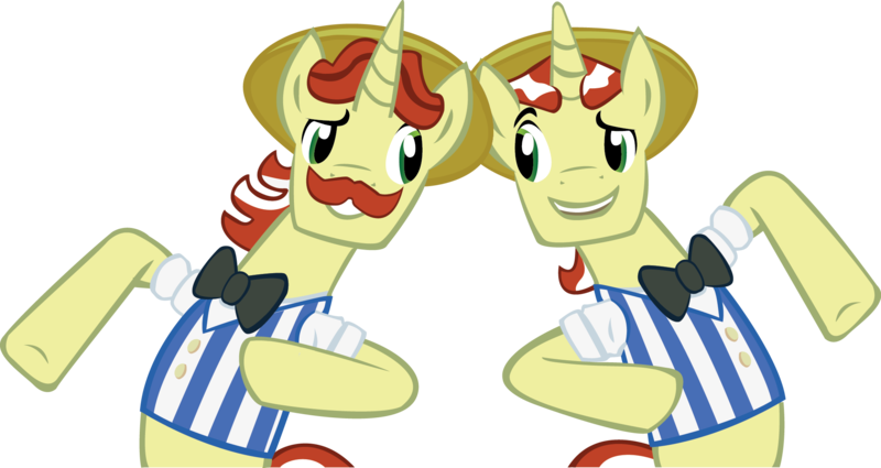 Size: 2044x1086 | Tagged: safe, artist:baron-kettell, artist:polygonical, derpibooru import, flam, flim, pony, unicorn, bipedal, brothers, duo, flim flam brothers, grin, image, looking at each other, looking at someone, male, png, siblings, simple background, smiling, stallion, transparent background, vector