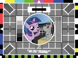 Size: 4267x3200 | Tagged: safe, artist:baron-kettell, artist:polygonical, derpibooru import, smarty pants, twilight sparkle, pony, unicorn, bbc, chalk, chalkboard, duo, female, filly, filly twilight sparkle, foal, high res, image, open mouth, open smile, png, smiling, test card, test card f, tic tac toe, younger