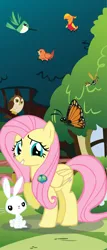 Size: 2410x5606 | Tagged: safe, artist:baron-kettell, artist:polygonical, derpibooru import, angel bunny, fluttershy, philomena, bird, butterfly, insect, owl, parasprite, pegasus, phoenix, pony, rabbit, animal, b.u.c.k., banner, female, fluttershy's cottage, grin, high res, image, mare, png, poster, raised hoof, show accurate, shy, smiling, solo focus, vector