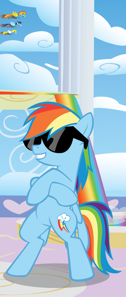 Size: 2410x5670 | Tagged: safe, artist:baron-kettell, artist:polygonical, derpibooru import, rainbow dash, soarin', spitfire, pegasus, pony, b.u.c.k., banner, bipedal, cloudsdale, crossed hooves, deal with it, female, grin, high res, image, mare, png, poster, rainbow waterfall, show accurate, smiling, solo focus, sunglasses, surprise (g4), vector, wonderbolts