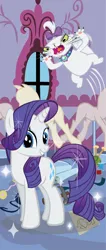 Size: 2410x5670 | Tagged: safe, artist:baron-kettell, artist:polygonical, derpibooru import, opalescence, rarity, cat, pony, unicorn, b.u.c.k., banner, carousel boutique, female, grin, high res, image, jumping, looking at you, mare, png, ponyquin, poster, show accurate, smiling, solo focus, sparkles, vector