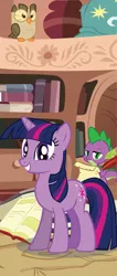 Size: 2410x5661 | Tagged: safe, artist:baron-kettell, artist:polygonical, derpibooru import, owlowiscious, spike, twilight sparkle, bird, dragon, owl, pony, unicorn, b.u.c.k., banner, book, female, golden oaks library, grin, high res, image, library, mare, png, poster, quill, scroll, show accurate, smiling, solo focus, unicorn twilight, vector