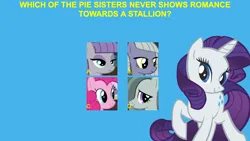 Size: 1920x1080 | Tagged: safe, derpibooru import, edit, edited screencap, editor:jaredking779, screencap, limestone pie, marble pie, maud pie, pinkie pie, rarity, earth pony, pony, unicorn, blue background, female, image, jpeg, mare, pie sisters, question, siblings, simple background, sisters