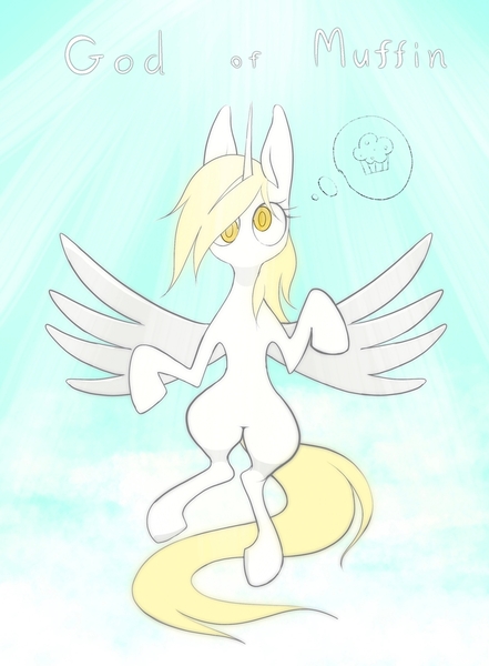 Size: 912x1241 | Tagged: safe, artist:noupu, derpibooru import, derpy hooves, alicorn, pony, alicornified, crepuscular rays, derpicorn, female, food, image, jpeg, mare, muffin, no mouth, no nose, race swap, solo, spread wings, text, that pony sure does love muffins, thought bubble, wings