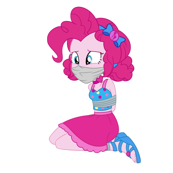 Size: 2000x2000 | Tagged: safe, artist:splendidbondage, derpibooru import, pinkie pie, equestria girls, equestria girls series, spring breakdown, spoiler:eqg series (season 2), bondage, gag, image, png, simple background, solo, tape, tape bondage, tape gag, tied up, transparent background