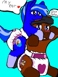 Size: 512x680 | Tagged: suggestive, artist:cavewolfphil, derpibooru import, oc, oc:midnight-delight, earth pony, pony, blue background, blushing, diaper, diaper fetish, duo, fetish, image, male, nom, non-baby in diaper, pink diaper, png, simple background, speech bubble, stallion