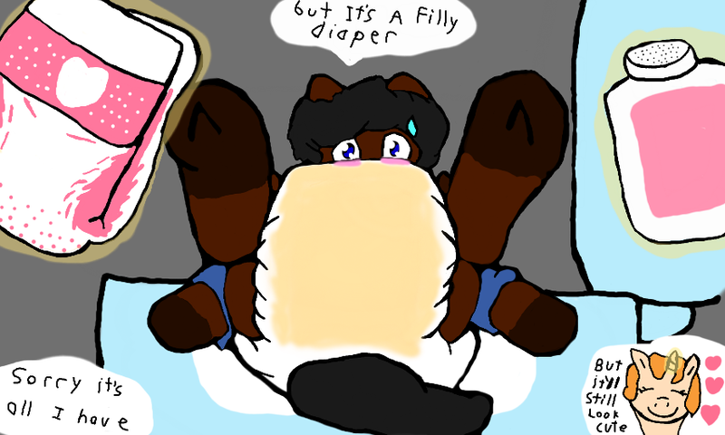 Size: 854x512 | Tagged: questionable, artist:cavewolfphil, derpibooru import, oc, pony, baby powder, blushing, changing table, diaper, diaper change, diaper fetish, female, fetish, image, male, mare, non-baby in diaper, offscreen character, png, speech bubble, stallion, urine, wet diaper