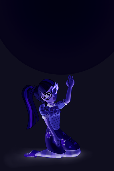 Size: 1800x2700 | Tagged: safe, artist:sixes&sevens, derpibooru import, sci-twi, twilight sparkle, fanfic:the sunset archives, equestria girls, clothes, fanfic art, female, image, kneeling, kneesocks, looking up, midnight sparkle, monochrome, png, reaching, socks, solo