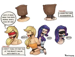 Size: 2170x1659 | Tagged: safe, artist:xeninara, derpibooru import, applejack, rarity, human, applesub, ballgag, blindfold, bondage, bound, dialogue, duo, duo female, female, femsub, gag, humanized, image, implied discord, muffled words, offscreen character, png, rarisub, rope, rope bondage, ropes, simple background, speech bubble, submissive, thought bubble, tied up, white background