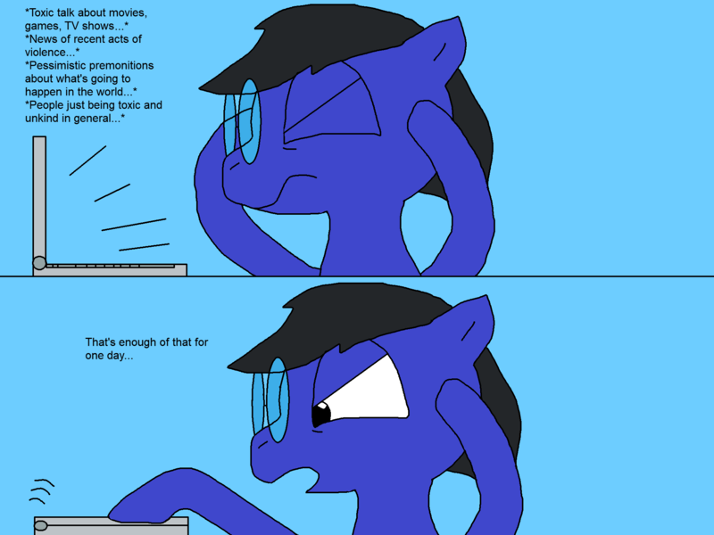 Size: 2000x1500 | Tagged: safe, artist:blazewing, derpibooru import, oc, oc:blazewing, unofficial characters only, pegasus, pony, 2 panel comic, atg 2023, blue background, comic, computer, drawpile, eyes closed, glasses, headache, image, internet, laptop computer, male, newbie artist training grounds, png, simple background, solo, stallion, stressed, text