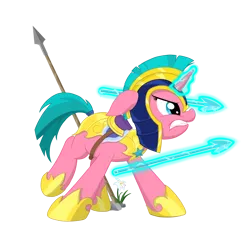 Size: 3900x3600 | Tagged: safe, artist:gaiusmaximiliano, derpibooru import, oc, unofficial characters only, pony, unicorn, fanfic:everyday life with guardsmares, female, flower, frown, glow, glowing horn, guardsmare, horn, image, lily (flower), magic, magic aura, mare, png, royal guard, simple background, solo, spear, teeth, transparent background, unicorn oc, weapon