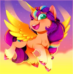 Size: 909x930 | Tagged: safe, artist:esmeia, derpibooru import, sunny starscout, alicorn, earth pony, pony, g5, my little pony: a new generation, alicornified, artificial horn, artificial wings, augmented, female, gradient background, horn, image, looking at you, magic, magic horn, magic wings, mane stripe sunny, mare, open mouth, open smile, png, race swap, smiling, smiling at you, solo, sparkles, sunnycorn, unshorn fetlocks, wings