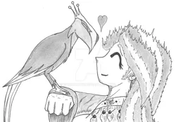 Size: 1600x1111 | Tagged: safe, artist:uabetantu, derpibooru import, philomena, sunset shimmer, phoenix, beads, eyes closed, fire, fist, flame hair, folded wings, grayscale, heart, image, jpeg, lightly watermarked, love, monochrome, phoenix-born, simple background, smiling, tassels, traditional art, watermark, white background, wings