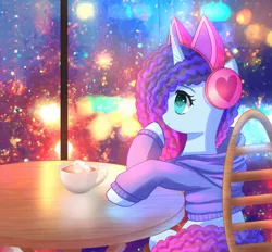 Size: 1506x1400 | Tagged: safe, artist:jaanhavi, derpibooru import, pony, unicorn, g5, chair, chocolate, clothes, cup, cute, earmuffs, female, food, hot chocolate, image, jpeg, mare, misty brightdawn, mistybetes, rain, solo, sweater, table, whipped cream, window