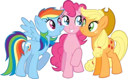 Size: 5271x3266 | Tagged: safe, derpibooru import, official, applejack, pinkie pie, rainbow dash, earth pony, pegasus, pony, .svg available, applejack's hat, cowboy hat, female, g4, hat, image, mare, png, simple background, stock vector, transparent background, trio, vector