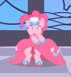 Size: 596x647 | Tagged: safe, derpibooru import, screencap, pinkie pie, earth pony, pony, the best night ever, beautiful, can-can, canterlot, canterlot castle, clothes, cropped, cute, dancing, dress, female, gala dress, gown, grand galloping gala, image, jpeg, mare, playing with dress, shoes, solo