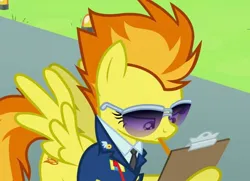 Size: 1129x818 | Tagged: safe, derpibooru import, screencap, pegasus, pony, top bolt, clipboard, clothes, cutie mark, drill sergeant, female, grass, image, jpeg, light, mare, necktie, pencil, runway, solo, spread wings, suit, sunglasses, uniform, whistle, whistle necklace, wings, wonderbolts dress uniform