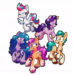 Size: 1000x1033 | Tagged: safe, artist:galaxydream22, derpibooru import, hitch trailblazer, izzy moonbow, pipp petals, sunny starscout, zipp storm, earth pony, pegasus, pony, unicorn, g5, bracelet, female, flying, friendship bracelet, group, image, jewelry, jpeg, lidded eyes, looking at each other, looking at someone, looking back, male, mane five, mare, open mouth, open smile, raised hoof, royal sisters (g5), siblings, simple background, sisters, smiling, spread wings, stallion, tail, unshorn fetlocks, white background, wings