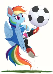 Size: 1448x2000 | Tagged: safe, artist:arcane-thunder, derpibooru import, rainbow dash, pegasus, pony, clothes, equestria girls outfit, football, image, png, solo, sports, tongue out