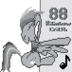 Size: 3750x3750 | Tagged: safe, artist:baron-kettell, artist:polygonical, derpibooru import, rainbow dash, pegasus, pony, 8-bit, album cover, female, game boy, grayscale, gritted teeth, high res, image, mare, monochrome, music notes, pixel art, png, rainbow crash, simple background, solo, teeth, transparent background