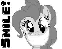 Size: 1023x808 | Tagged: safe, artist:baron-kettell, artist:polygonical, derpibooru import, pinkie pie, earth pony, pony, a friend in deed, season 1, 8-bit, big grin, bust, derp, female, game boy, grayscale, grin, image, jpeg, mare, monochrome, pixel art, portrait, simple background, smile song, smiling, solo, song cover, white background