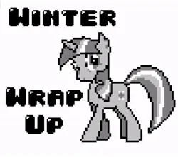 Size: 775x684 | Tagged: safe, artist:baron-kettell, artist:polygonical, derpibooru import, twilight sparkle, pony, unicorn, season 1, winter wrap up, 8-bit, female, game boy, grayscale, image, jpeg, mare, monochrome, pixel art, pose, simple background, solo, song cover, unicorn twilight, white background, winter wrap up song