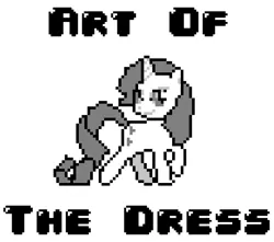 Size: 775x684 | Tagged: safe, artist:baron-kettell, artist:polygonical, derpibooru import, rarity, pony, unicorn, season 1, suited for success, 8-bit, art of the dress, female, game boy, grayscale, image, jpeg, mare, monochrome, pixel art, raised hoof, simple background, smiling, solo, song cover, white background