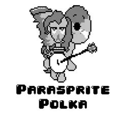 Size: 775x684 | Tagged: safe, artist:baron-kettell, artist:polygonical, derpibooru import, pinkie pie, earth pony, pony, season 1, swarm of the century, 8-bit, female, game boy, grayscale, image, jpeg, mare, monochrome, one man band, parasprite polka, pixel art, simple background, solo, song cover, white background