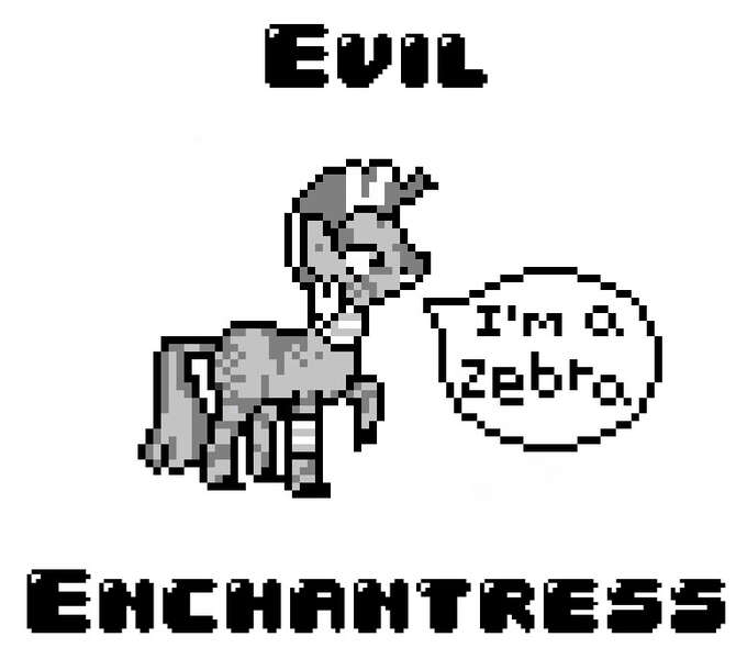 Size: 775x684 | Tagged: safe, artist:baron-kettell, artist:polygonical, derpibooru import, zecora, pony, zebra, bridle gossip, season 1, 8-bit, evil enchantress, female, game boy, grayscale, image, jpeg, mare, monochrome, pixel art, simple background, solo, song cover, speech bubble, white background