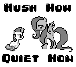 Size: 775x684 | Tagged: safe, artist:baron-kettell, artist:polygonical, derpibooru import, fluttershy, sweetie belle, pegasus, pony, unicorn, season 1, stare master, 8-bit, duo, female, filly, foal, game boy, grayscale, hush now lullaby, hush now quiet now, image, jpeg, mare, monochrome, pixel art, simple background, sitting, song cover, white background