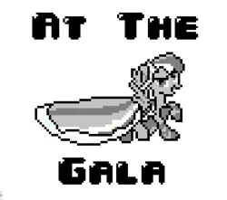 Size: 775x684 | Tagged: safe, artist:baron-kettell, artist:polygonical, derpibooru import, rainbow dash, pegasus, pony, season 1, the best night ever, 8-bit, at the gala, clothes, dress, female, gala dress, game boy, gown, grayscale, image, jpeg, mare, monochrome, nostalgia, pixel art, raised hoof, simple background, smiling, smirk, solo, song cover, spread wings, white background, wings