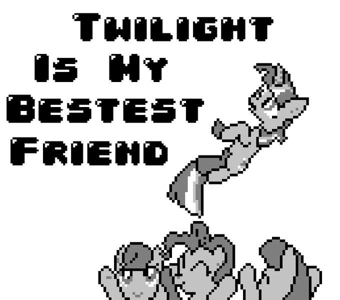 Size: 775x684 | Tagged: safe, artist:baron-kettell, artist:polygonical, derpibooru import, carrot top, golden harvest, parasol, pinkie pie, twilight sparkle, earth pony, pony, unicorn, season 1, the ticket master, 8-bit, ^^, eyes closed, female, game boy, grayscale, image, jpeg, mare, monochrome, pixel art, simple background, song cover, the ticket song, unicorn twilight, white background