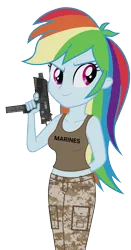 Size: 567x1080 | Tagged: safe, artist:ah96, artist:edy_january, derpibooru import, editor:ah96, rainbow dash, human, equestria girls, equestria girls series, belly button, breasts, busty rainbow dash, camouflage, clothes, gun, image, marine, marines, military, military uniform, mp9, png, simple background, soldier, solo, stupid sexy rainbow dash, submachinegun, tanktop, tmp, transparent background, trigger discipline, uniform, united states, usmc, vulgar description, weapon