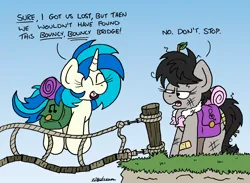 Size: 2348x1716 | Tagged: safe, artist:bobthedalek, derpibooru import, octavia melody, vinyl scratch, earth pony, pony, unicorn, atg 2023, bandaid, bowtie, duo, female, hiking, image, jumping, mare, messy mane, moments before disaster, newbie artist training grounds, octavia is not amused, png, rope bridge, sleeping, this will end in death, this will end in tears, this will end in tears and/or death, unamused
