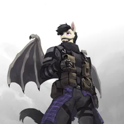 Size: 3000x3000 | Tagged: safe, artist:nsilverdraws, derpibooru import, oc, oc:jackal-macallaidh, unofficial characters only, anthro, bat pony, amputee, anthro oc, bat pony oc, bat wings, beard, clothes, commission, facial hair, image, kilt, military, military uniform, png, prosthetic limb, prosthetics, science fiction, spacesuit, uniform, wings