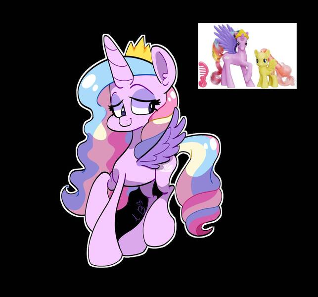 Size: 2000x1867 | Tagged: safe, artist:galaxydream22, derpibooru import, fluttershy, princess sterling, alicorn, pegasus, pony, black background, comb, crown, female, g4, horn, image, jewelry, jpeg, lidded eyes, looking away, mare, raised hoof, regalia, simple background, smiling, solo focus, spread wings, tail, toy interpretation, wings
