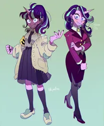 Size: 1900x2300 | Tagged: safe, artist:pelma, derpibooru import, starlight glimmer, human, unicorn, equestria girls, blushing, clothes, ear piercing, female, image, jacket, jpeg, looking at you, necktie, piercing, s5 starlight, skirt, smiling