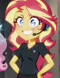 Size: 497x640 | Tagged: safe, derpibooru import, edit, edited screencap, editor:luckreza8, machine learning generated, screencap, sunset shimmer, human, equestria girls, :d, ai content, anime, female, generator:imgcreator, image, open mouth, open smile, png, smiling