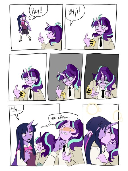 Size: 1800x2400 | Tagged: safe, artist:pelma, derpibooru import, starlight glimmer, twilight sparkle, alicorn, human, unicorn, equestria girls, blushing, clothes, comic, crying, duo, female, image, jpeg, kissing, lesbian, s5 starlight, shipping, smiling, twistarlight